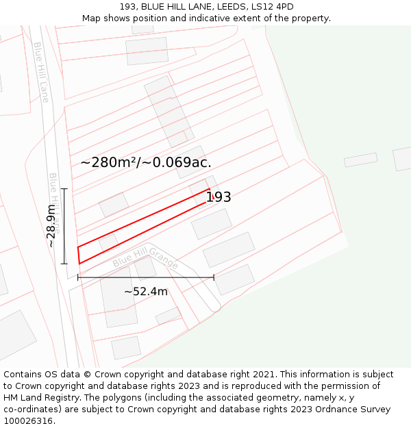 193, BLUE HILL LANE, LEEDS, LS12 4PD: Plot and title map