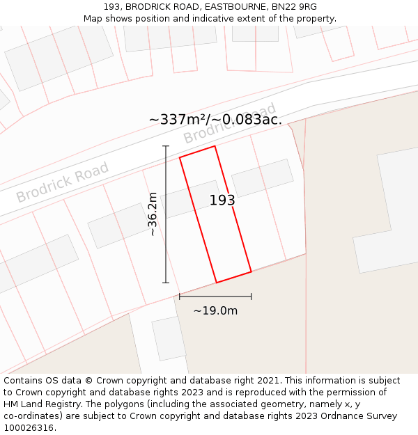 193, BRODRICK ROAD, EASTBOURNE, BN22 9RG: Plot and title map