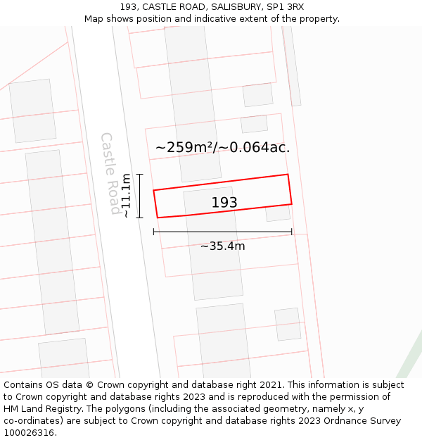193, CASTLE ROAD, SALISBURY, SP1 3RX: Plot and title map