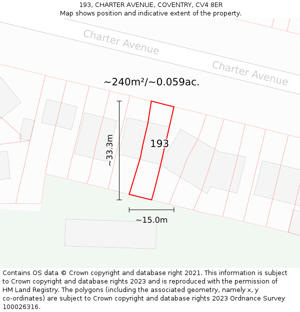 193, CHARTER AVENUE, COVENTRY, CV4 8ER: Plot and title map