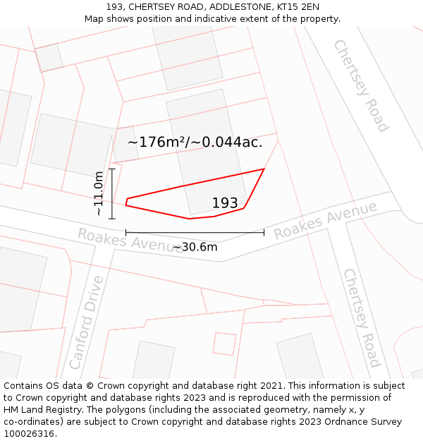 193, CHERTSEY ROAD, ADDLESTONE, KT15 2EN: Plot and title map