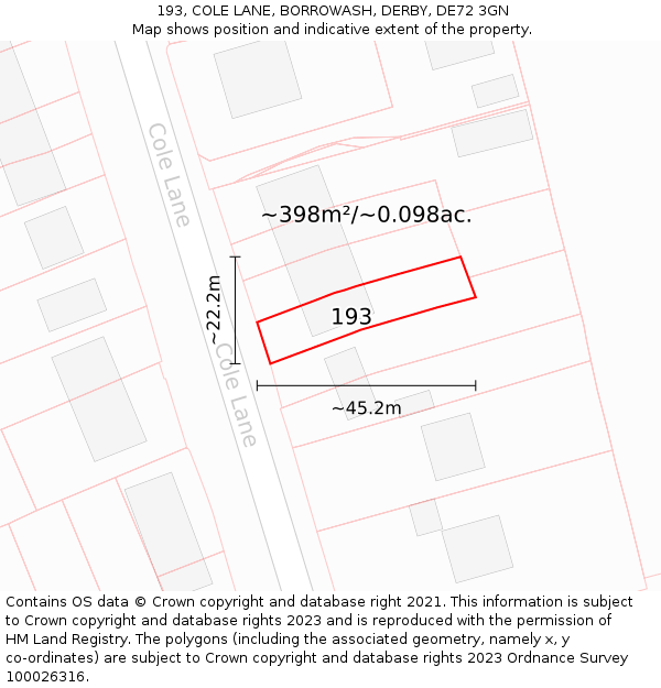 193, COLE LANE, BORROWASH, DERBY, DE72 3GN: Plot and title map