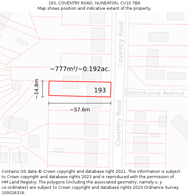 193, COVENTRY ROAD, NUNEATON, CV10 7BA: Plot and title map