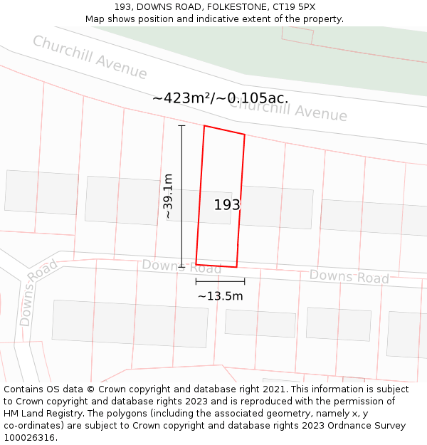 193, DOWNS ROAD, FOLKESTONE, CT19 5PX: Plot and title map