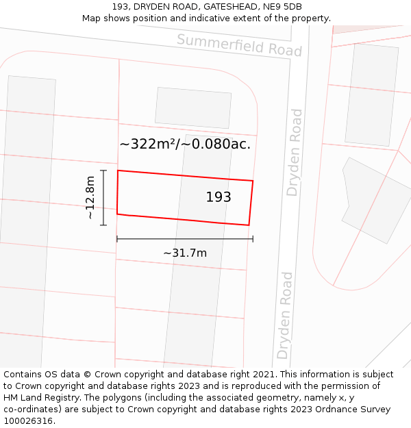 193, DRYDEN ROAD, GATESHEAD, NE9 5DB: Plot and title map