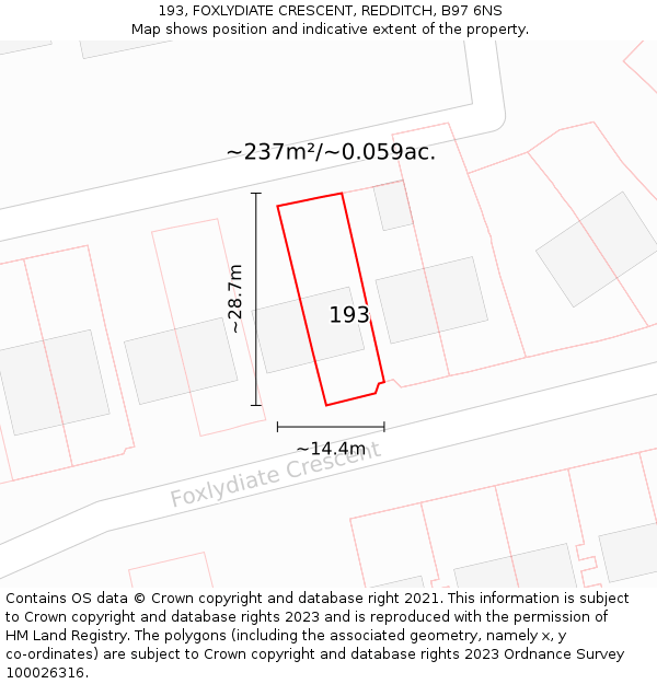 193, FOXLYDIATE CRESCENT, REDDITCH, B97 6NS: Plot and title map