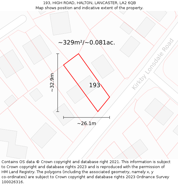 193, HIGH ROAD, HALTON, LANCASTER, LA2 6QB: Plot and title map