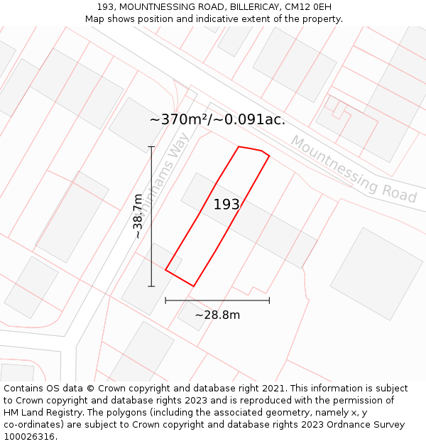 193, MOUNTNESSING ROAD, BILLERICAY, CM12 0EH: Plot and title map