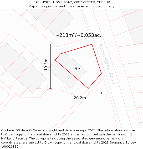 193, NORTH HOME ROAD, CIRENCESTER, GL7 1HR: Plot and title map
