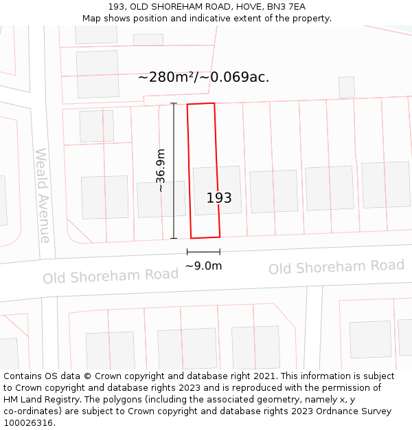 193, OLD SHOREHAM ROAD, HOVE, BN3 7EA: Plot and title map