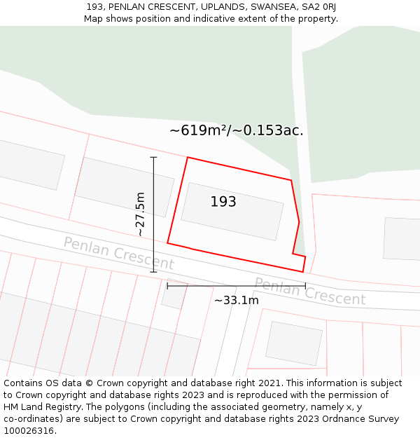 193, PENLAN CRESCENT, UPLANDS, SWANSEA, SA2 0RJ: Plot and title map