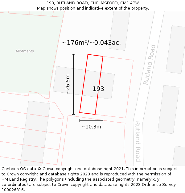 193, RUTLAND ROAD, CHELMSFORD, CM1 4BW: Plot and title map