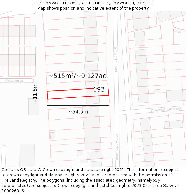 193, TAMWORTH ROAD, KETTLEBROOK, TAMWORTH, B77 1BT: Plot and title map