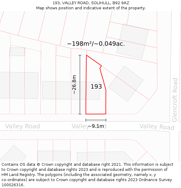 193, VALLEY ROAD, SOLIHULL, B92 9AZ: Plot and title map