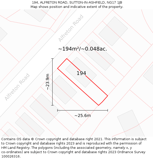 194, ALFRETON ROAD, SUTTON-IN-ASHFIELD, NG17 1JB: Plot and title map