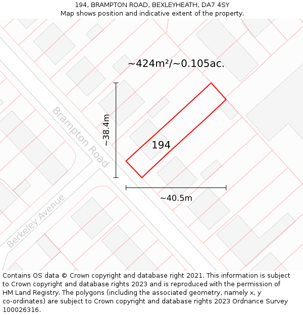 194, BRAMPTON ROAD, BEXLEYHEATH, DA7 4SY: Plot and title map
