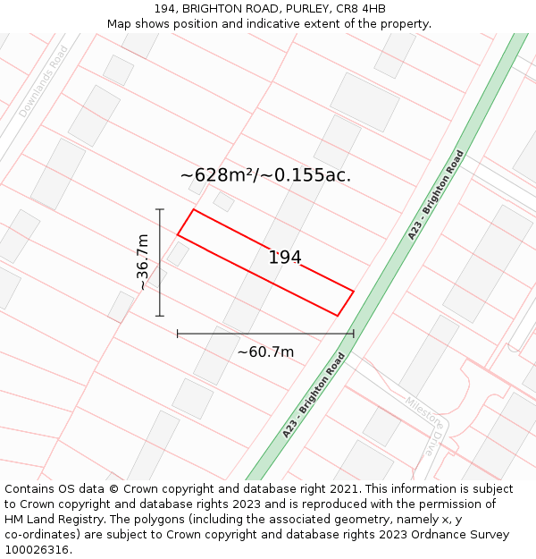 194, BRIGHTON ROAD, PURLEY, CR8 4HB: Plot and title map