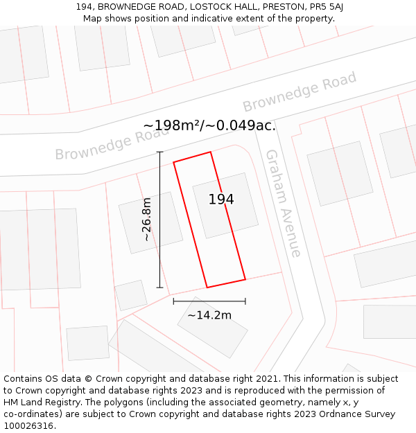 194, BROWNEDGE ROAD, LOSTOCK HALL, PRESTON, PR5 5AJ: Plot and title map
