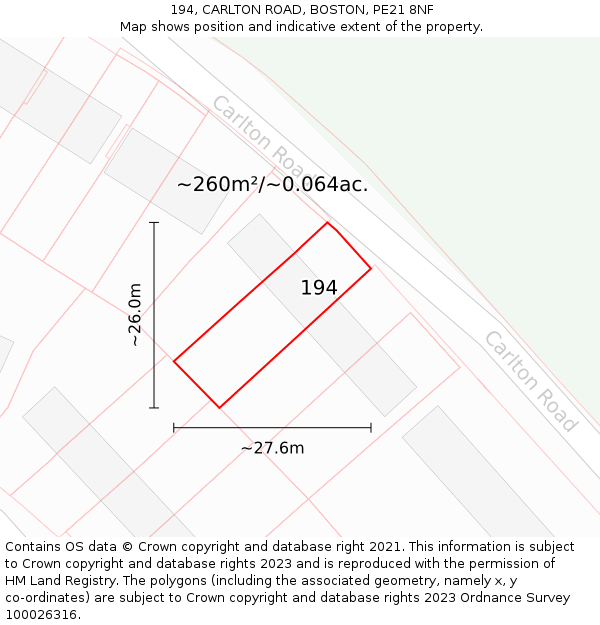 194, CARLTON ROAD, BOSTON, PE21 8NF: Plot and title map
