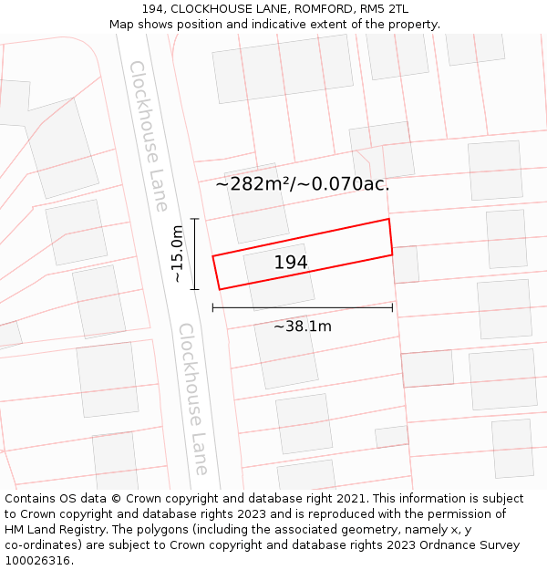 194, CLOCKHOUSE LANE, ROMFORD, RM5 2TL: Plot and title map