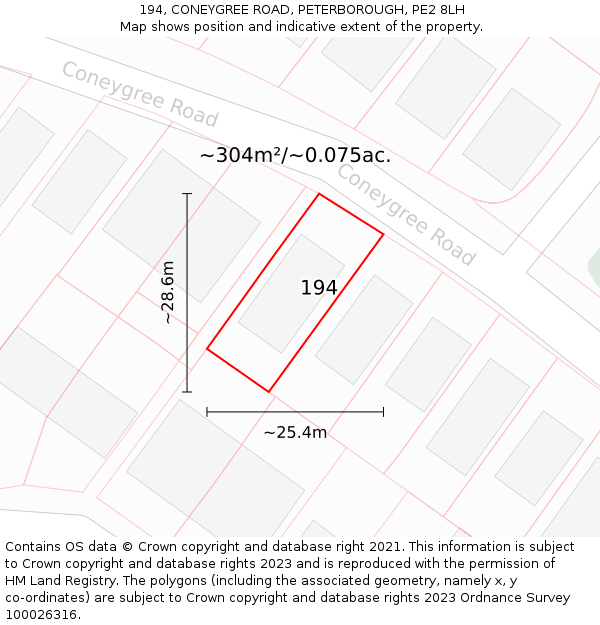 194, CONEYGREE ROAD, PETERBOROUGH, PE2 8LH: Plot and title map