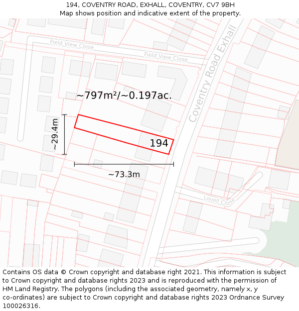 194, COVENTRY ROAD, EXHALL, COVENTRY, CV7 9BH: Plot and title map