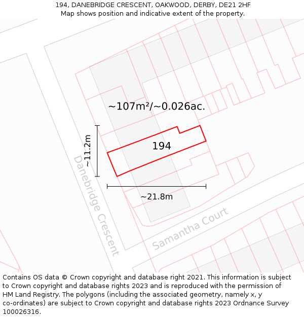 194, DANEBRIDGE CRESCENT, OAKWOOD, DERBY, DE21 2HF: Plot and title map