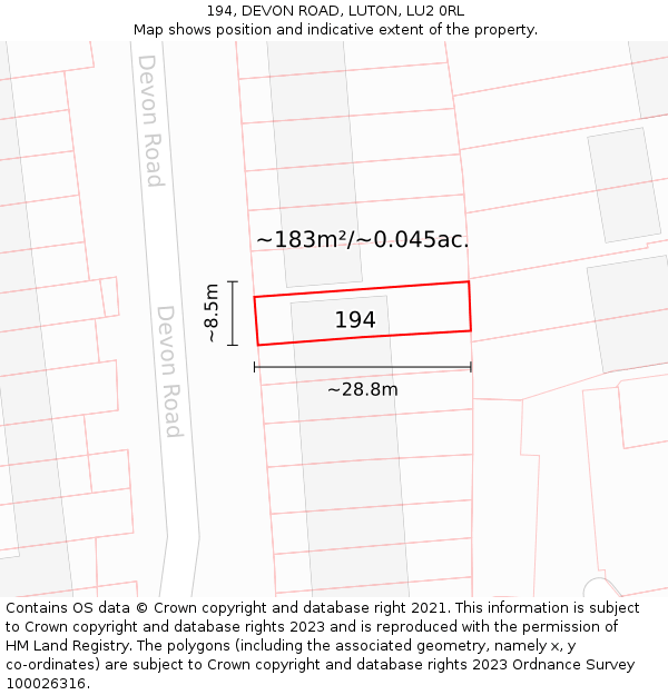 194, DEVON ROAD, LUTON, LU2 0RL: Plot and title map