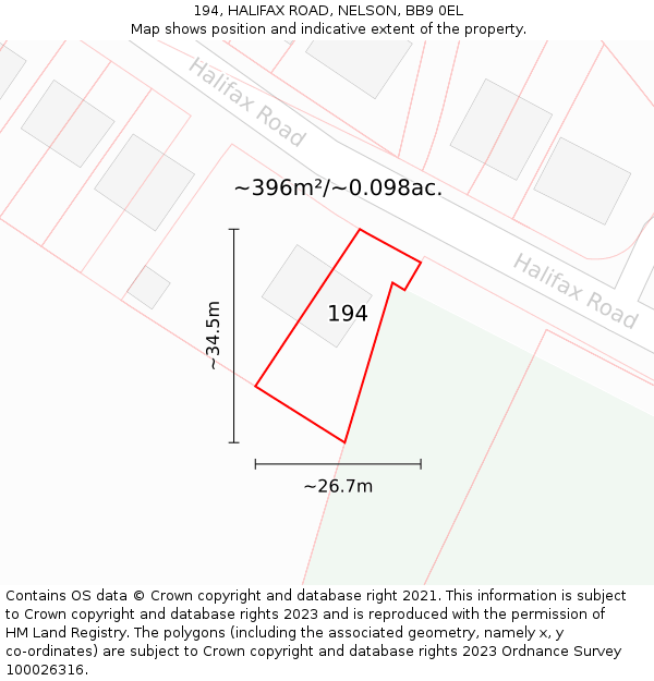 194, HALIFAX ROAD, NELSON, BB9 0EL: Plot and title map