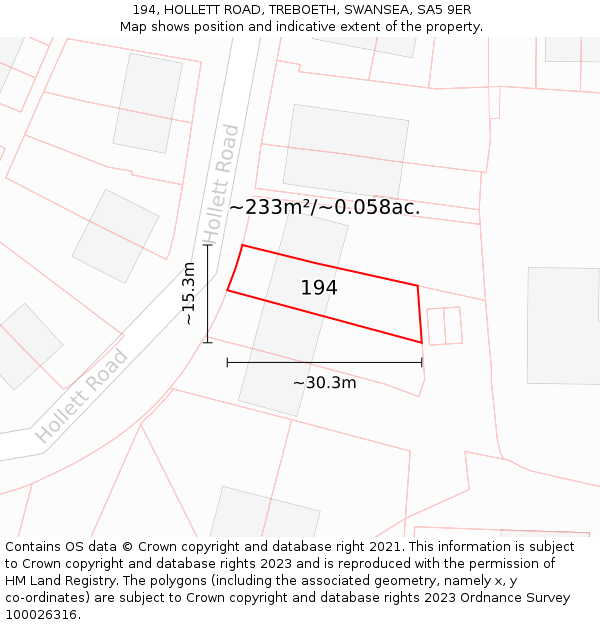 194, HOLLETT ROAD, TREBOETH, SWANSEA, SA5 9ER: Plot and title map