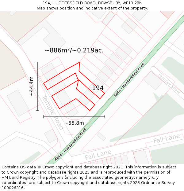 194, HUDDERSFIELD ROAD, DEWSBURY, WF13 2RN: Plot and title map