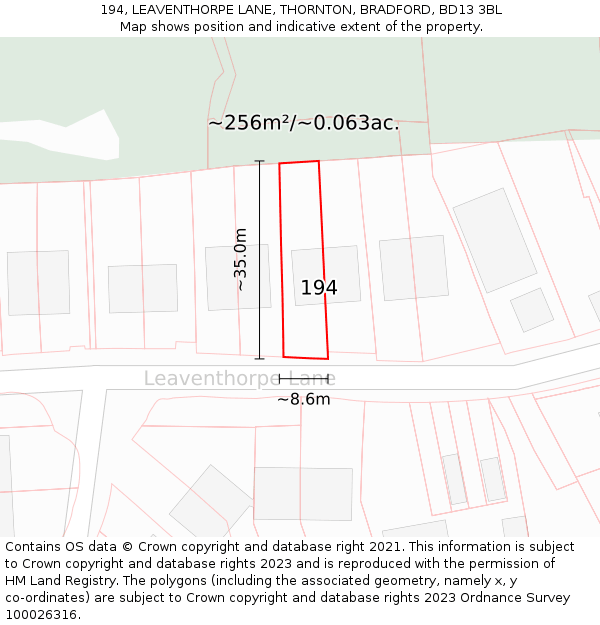 194, LEAVENTHORPE LANE, THORNTON, BRADFORD, BD13 3BL: Plot and title map