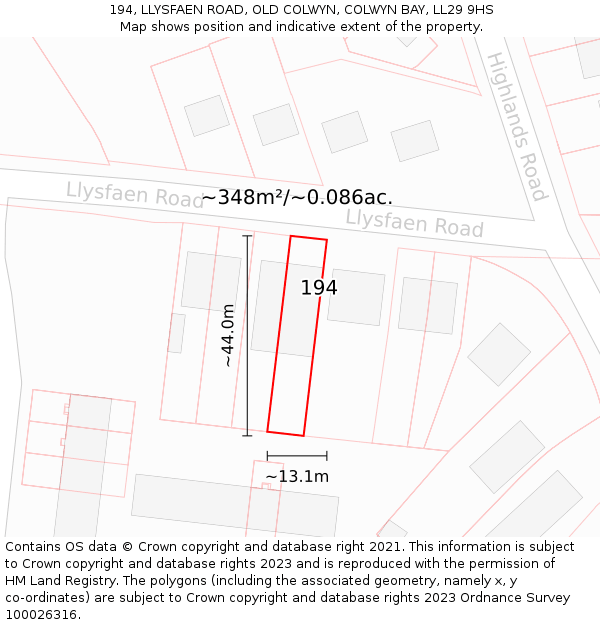 194, LLYSFAEN ROAD, OLD COLWYN, COLWYN BAY, LL29 9HS: Plot and title map