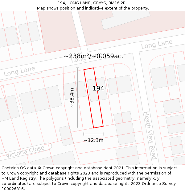194, LONG LANE, GRAYS, RM16 2PU: Plot and title map