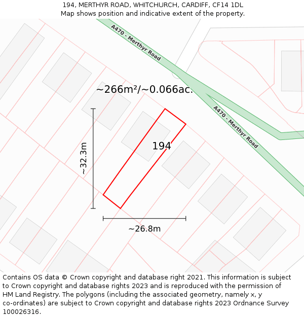 194, MERTHYR ROAD, WHITCHURCH, CARDIFF, CF14 1DL: Plot and title map