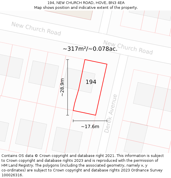 194, NEW CHURCH ROAD, HOVE, BN3 4EA: Plot and title map