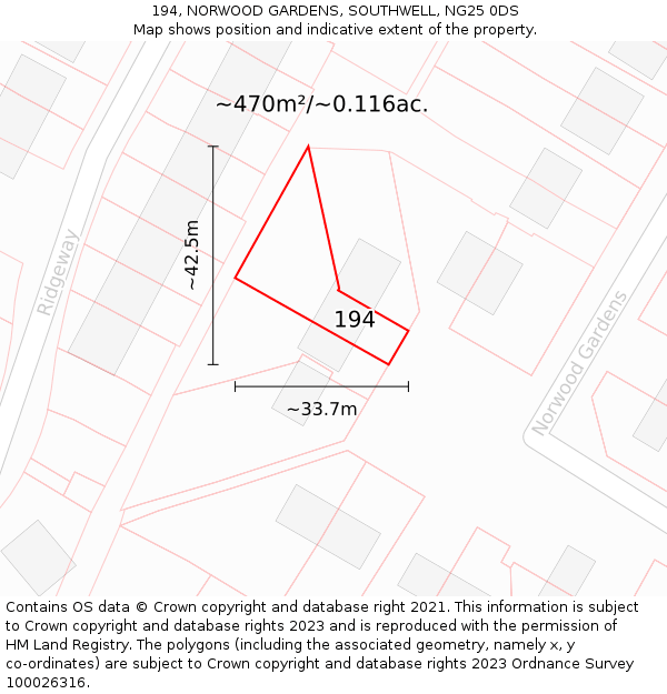194, NORWOOD GARDENS, SOUTHWELL, NG25 0DS: Plot and title map