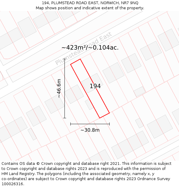 194, PLUMSTEAD ROAD EAST, NORWICH, NR7 9NQ: Plot and title map