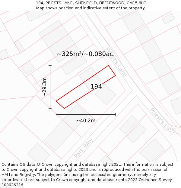 194, PRIESTS LANE, SHENFIELD, BRENTWOOD, CM15 8LG: Plot and title map