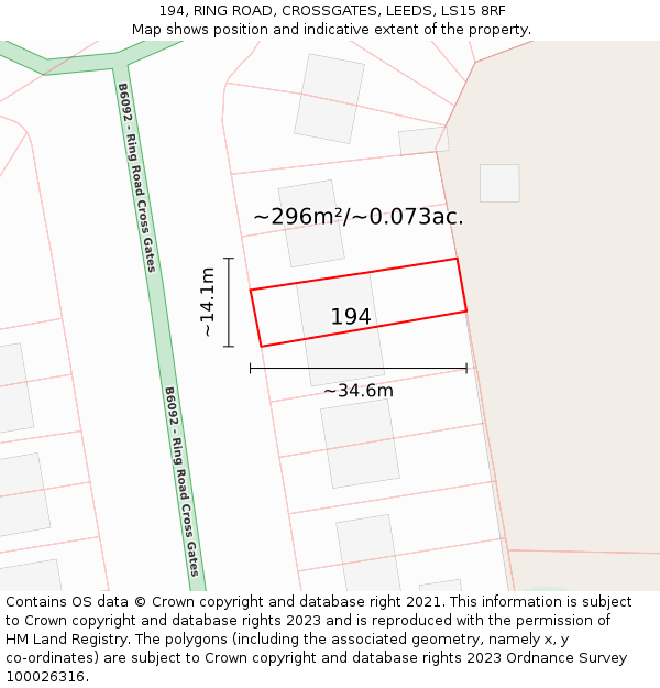 194, RING ROAD, CROSSGATES, LEEDS, LS15 8RF: Plot and title map