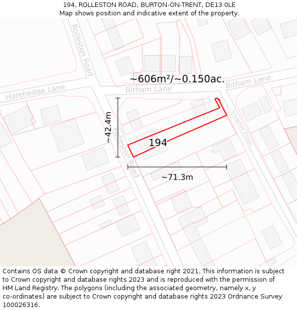 194, ROLLESTON ROAD, BURTON-ON-TRENT, DE13 0LE: Plot and title map