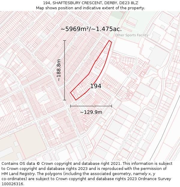 194, SHAFTESBURY CRESCENT, DERBY, DE23 8LZ: Plot and title map