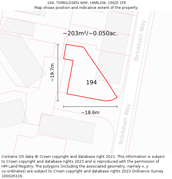194, TORKILDSEN WAY, HARLOW, CM20 1FE: Plot and title map