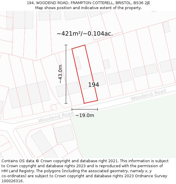 194, WOODEND ROAD, FRAMPTON COTTERELL, BRISTOL, BS36 2JE: Plot and title map