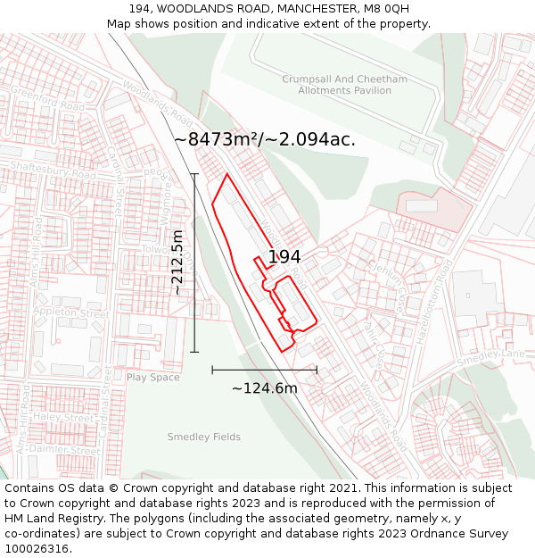 194, WOODLANDS ROAD, MANCHESTER, M8 0QH: Plot and title map