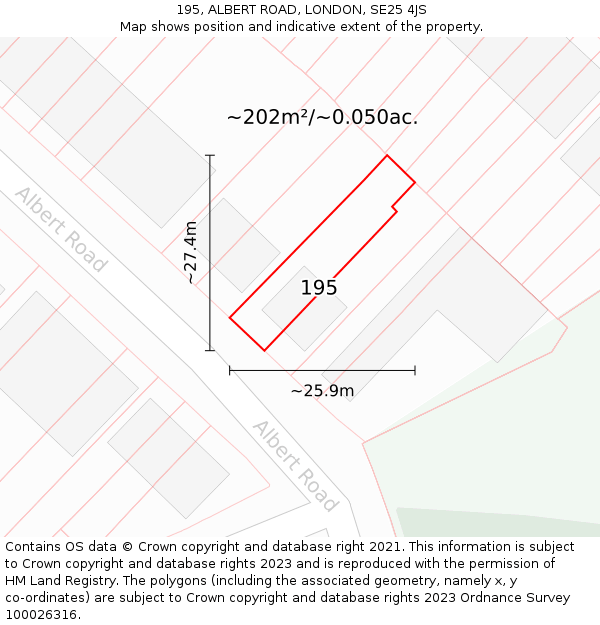 195, ALBERT ROAD, LONDON, SE25 4JS: Plot and title map
