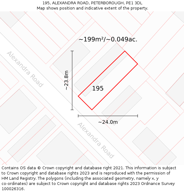 195, ALEXANDRA ROAD, PETERBOROUGH, PE1 3DL: Plot and title map