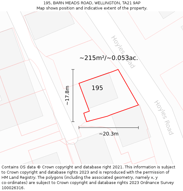 195, BARN MEADS ROAD, WELLINGTON, TA21 9AP: Plot and title map