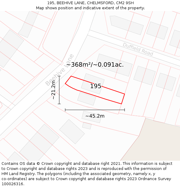 195, BEEHIVE LANE, CHELMSFORD, CM2 9SH: Plot and title map