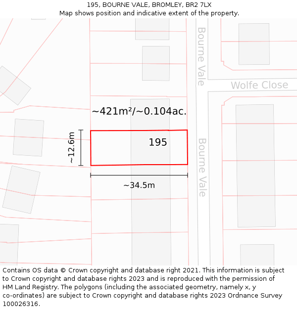 195, BOURNE VALE, BROMLEY, BR2 7LX: Plot and title map